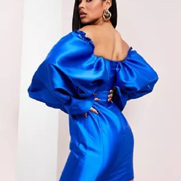 ASOS LUXE Belted Drama Sleeve Structured Satin Mini Dress Electric Blue SZ 8 NWT - Picture 4 of 11